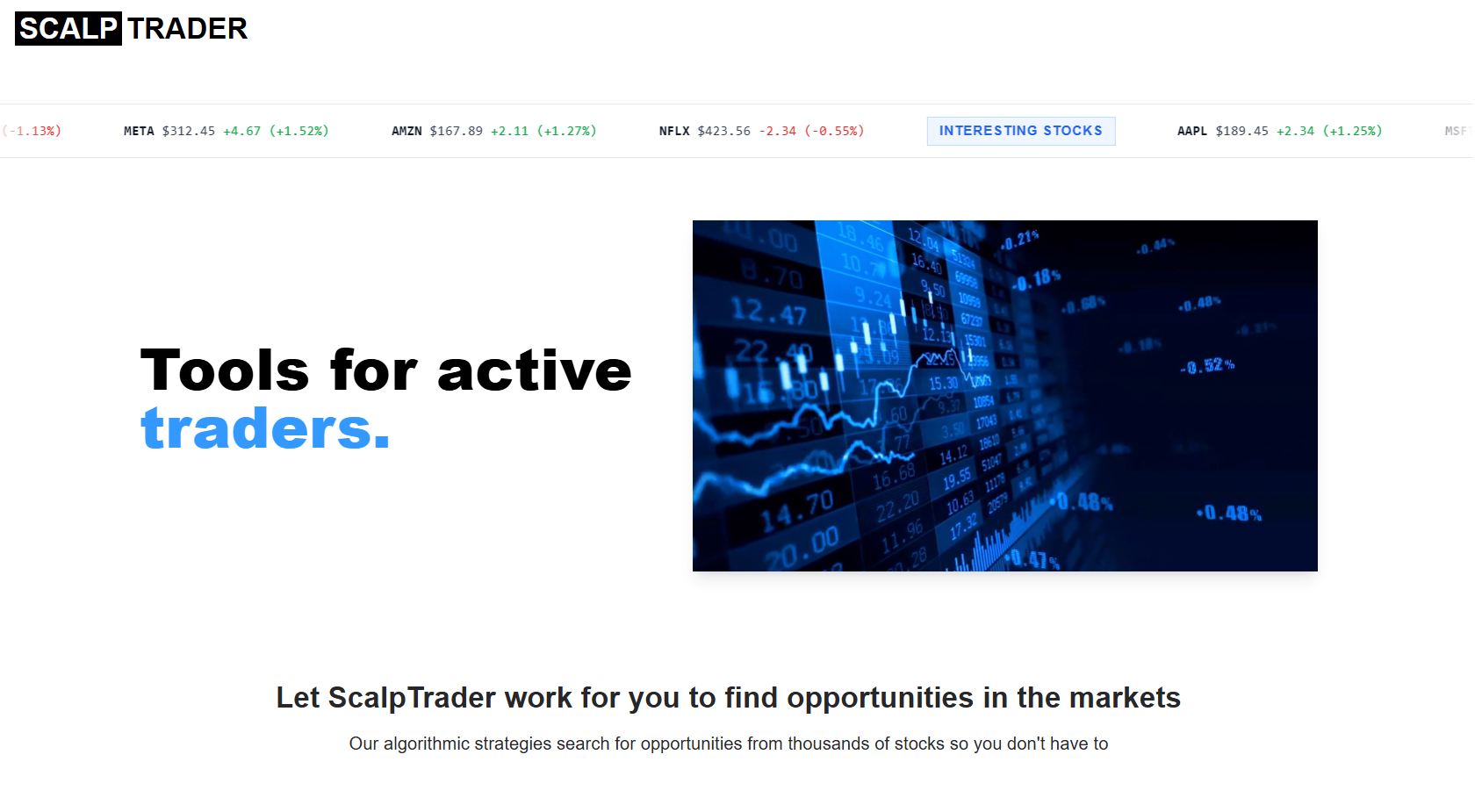 ScalpTrader.com website preview showing tools for active traders